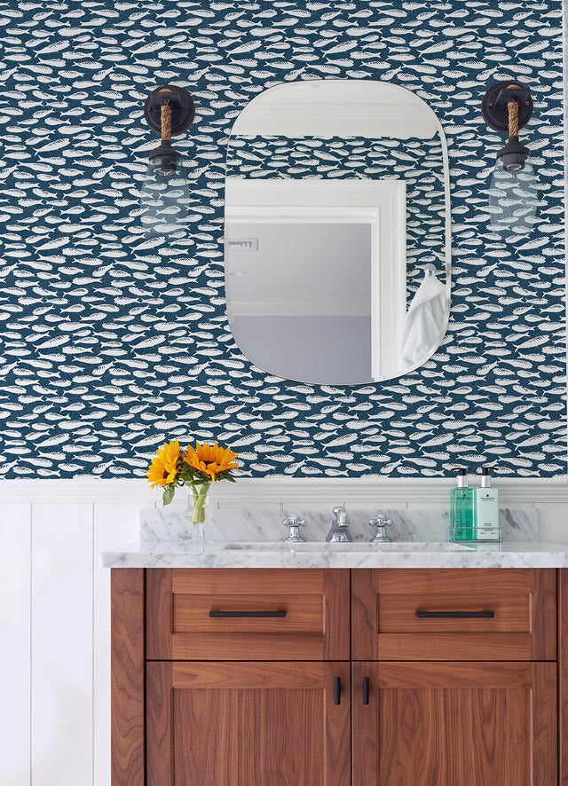 Nunkie Navy Sardine Wallpaper with Scandinavian Fish Pattern, Coastal Style - Chesapeake 3122-10522