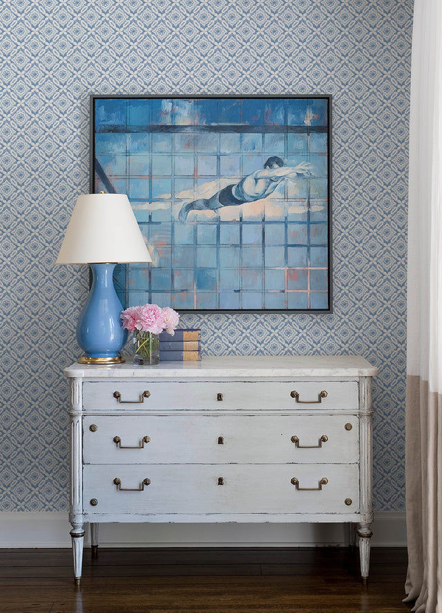 Hugson Blue Quilted Damask Wallpaper with Geometric Diamond Motif - Chesapeake 3122-10702