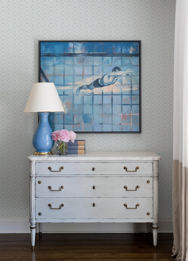 Hugson Teal Quilted Damask Wallpaper with Geometric Floral Pattern, Farmhouse Style - Chesapeake 3122-10704