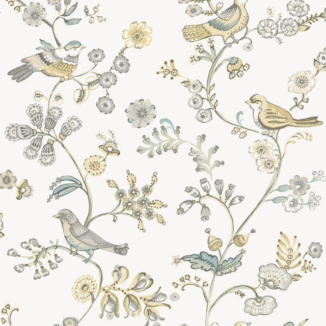 Jinjur Light Yellow Bird Trail Wallpaper with Farmhouse Botanical and Birds Motif - Chesapeake 3122-10800
