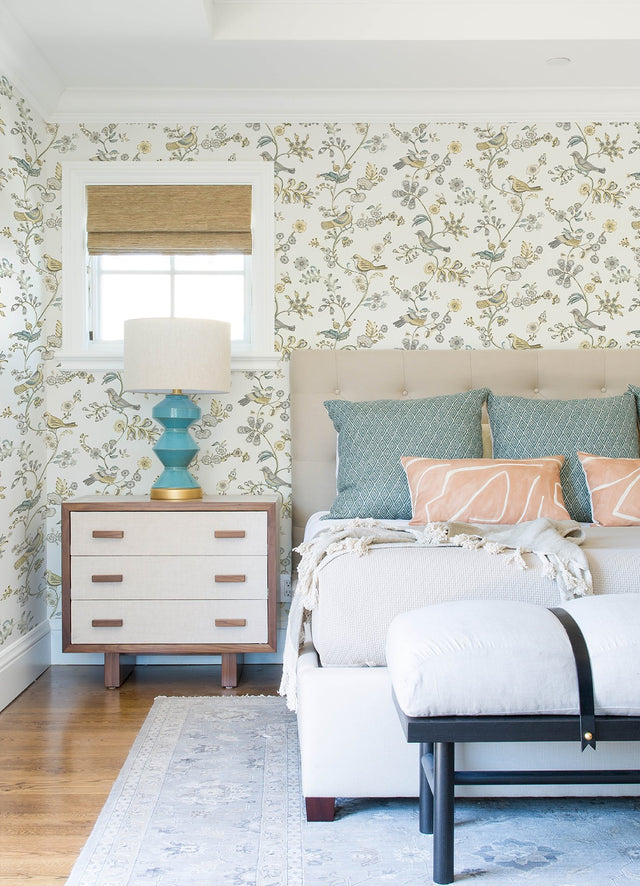 Jinjur Light Yellow Bird Trail Wallpaper with Farmhouse Botanical and Birds Motif - Chesapeake 3122-10800