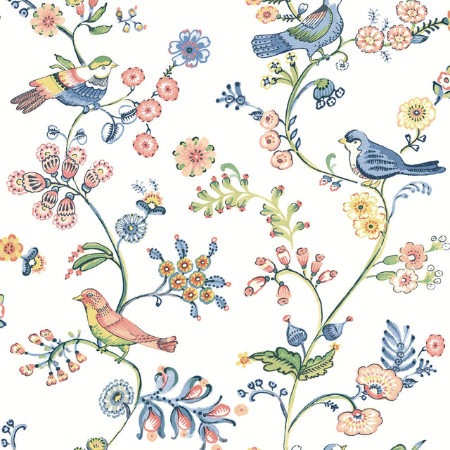 Jinjur Multicolor Bird Trail Wallpaper with Whimsical Birds and Floral Vine Motif - Chesapeake 3122-10801