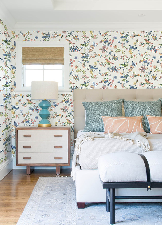 Jinjur Multicolor Bird Trail Wallpaper with Whimsical Birds and Floral Vine Motif - Chesapeake 3122-10801