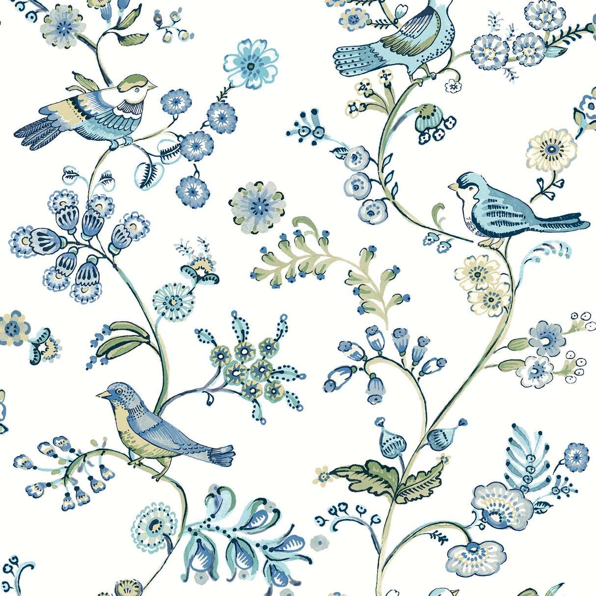 Jinjur Teal Bird Trail Wallpaper with Farmhouse Blue Bird and Floral Motif - Chesapeake 3122-10802