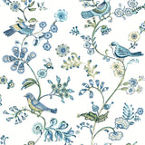 Jinjur Teal Bird Trail Wallpaper with Farmhouse Blue Bird and Floral Motif - Chesapeake 3122-10802