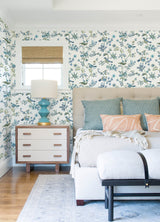 Jinjur Teal Bird Trail Wallpaper with Farmhouse Blue Bird and Floral Motif - Chesapeake 3122-10802