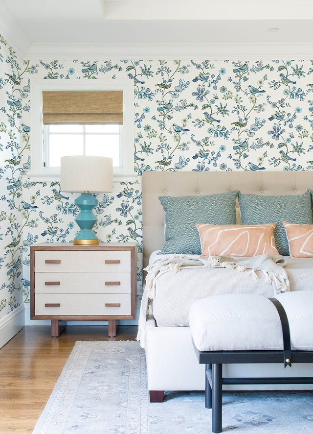 Jinjur Teal Bird Trail Wallpaper with Farmhouse Blue Bird and Floral Motif - Chesapeake 3122-10802