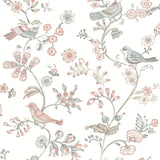 Jinjur Blush Bird Trail Wallpaper with Farmhouse Floral and Sparrows Motif - Chesapeake 3122-10805