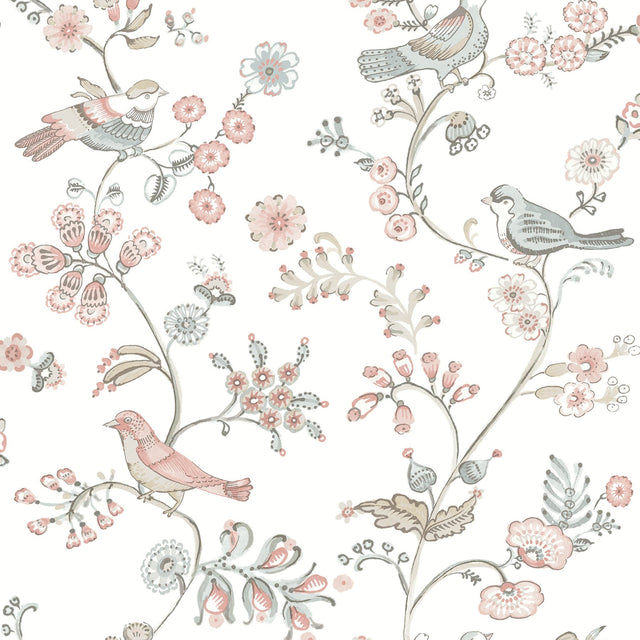 Jinjur Blush Bird Trail Wallpaper with Farmhouse Floral and Sparrows Motif - Chesapeake 3122-10805