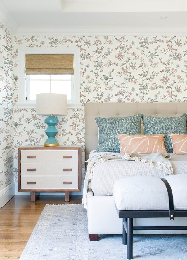 Jinjur Blush Bird Trail Wallpaper with Farmhouse Floral and Sparrows Motif - Chesapeake 3122-10805
