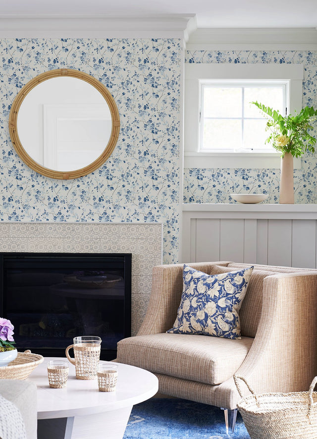 Glinda Navy Floral Trail Wallpaper with Botanical Floral Trail Pattern, Farmhouse Style - Chesapeake 3122-10902