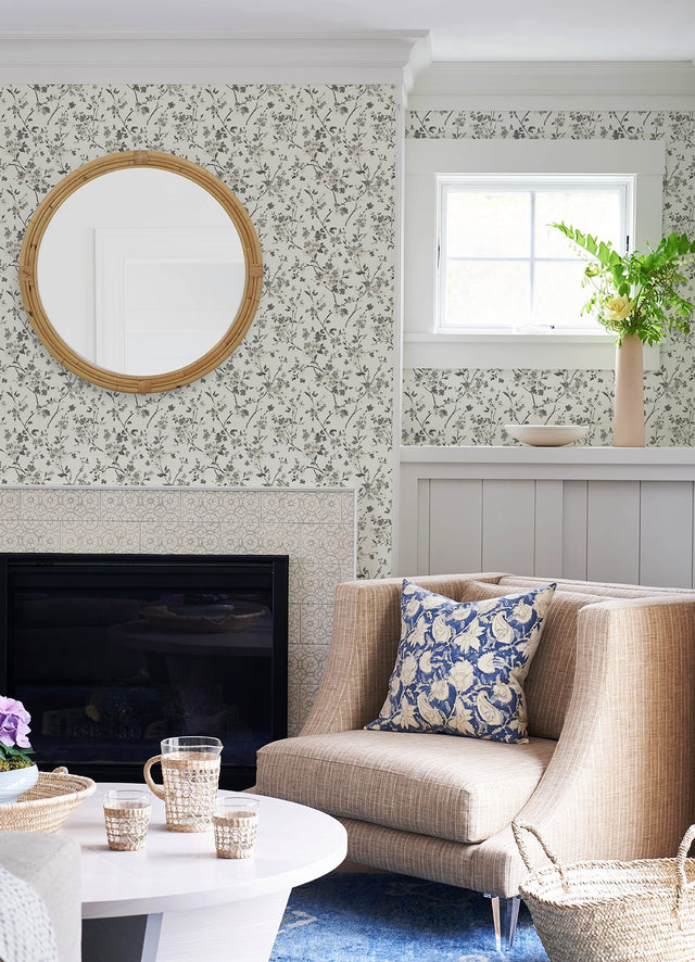 Glinda Black Floral Trail Wallpaper with Botanical Floral Pattern, Farmhouse Prepasted Acrylic Coated Paper - Chesapeake 3122-10920