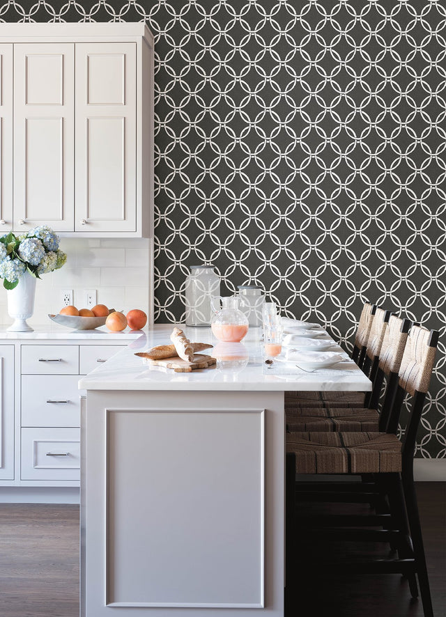 Quelala Black Ring Ogee Wallpaper with Modern Geometric Pattern - Chesapeake 3122-11000