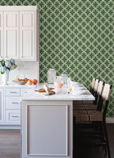 Quelala Green Ring Ogee Wallpaper with Modern Geometric Chain Pattern - Chesapeake 3122-11004
