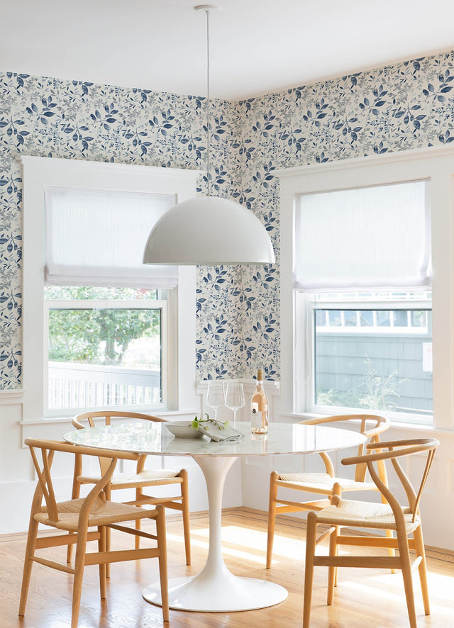 Tinker Navy Woodland Botanical Wallpaper with Blue Watercolor Leaf Pattern - Chesapeake 3122-11102