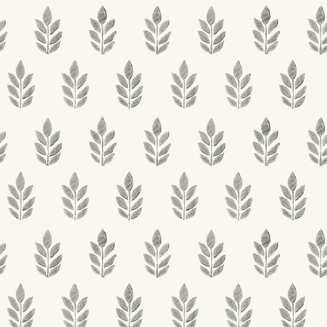 Ervic Charcoal Leaf Block Print Wallpaper with Scandinavian Farmhouse Leaf Motif - Chesapeake 3122-11300
