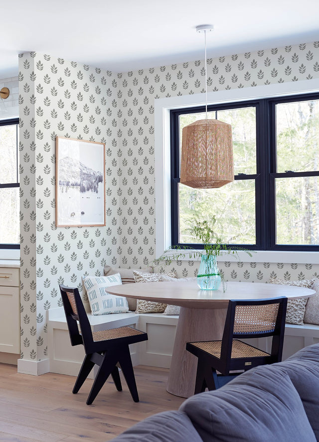Ervic Charcoal Leaf Block Print Wallpaper with Scandinavian Farmhouse Leaf Motif - Chesapeake 3122-11300