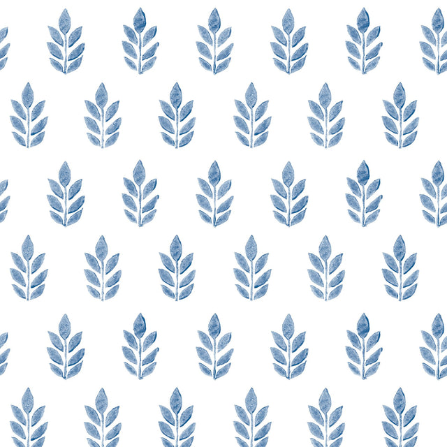 Ervic Blue Leaf Block Print Wallpaper with Scandinavian Botanical Motif - Chesapeake 3122-11302