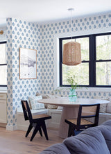 Ervic Blue Leaf Block Print Wallpaper with Scandinavian Botanical Motif - Chesapeake 3122-11302