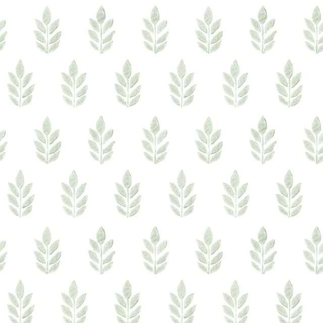 Ervic Green Leaf Block Print Wallpaper in Green with Botanical Leaf Pattern, Farmhouse Style - Chesapeake 3122-11304