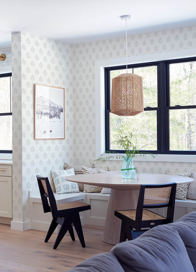 Ervic Light Grey Leaf Block Print Wallpaper with Scandinavian Leaf Motif - Chesapeake 3122-11310