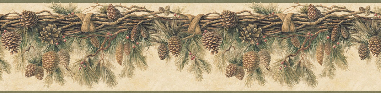 Coulter Olive Pinecone Forest Wallpaper Border with Botanical Pinecone Garland - Chesapeake 3123-01391