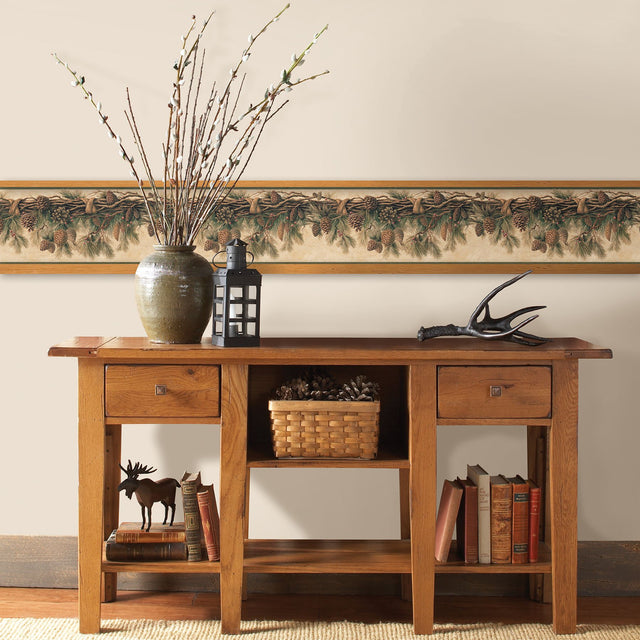 Coulter Olive Pinecone Forest Wallpaper Border with Botanical Pinecone Garland - Chesapeake 3123-01391