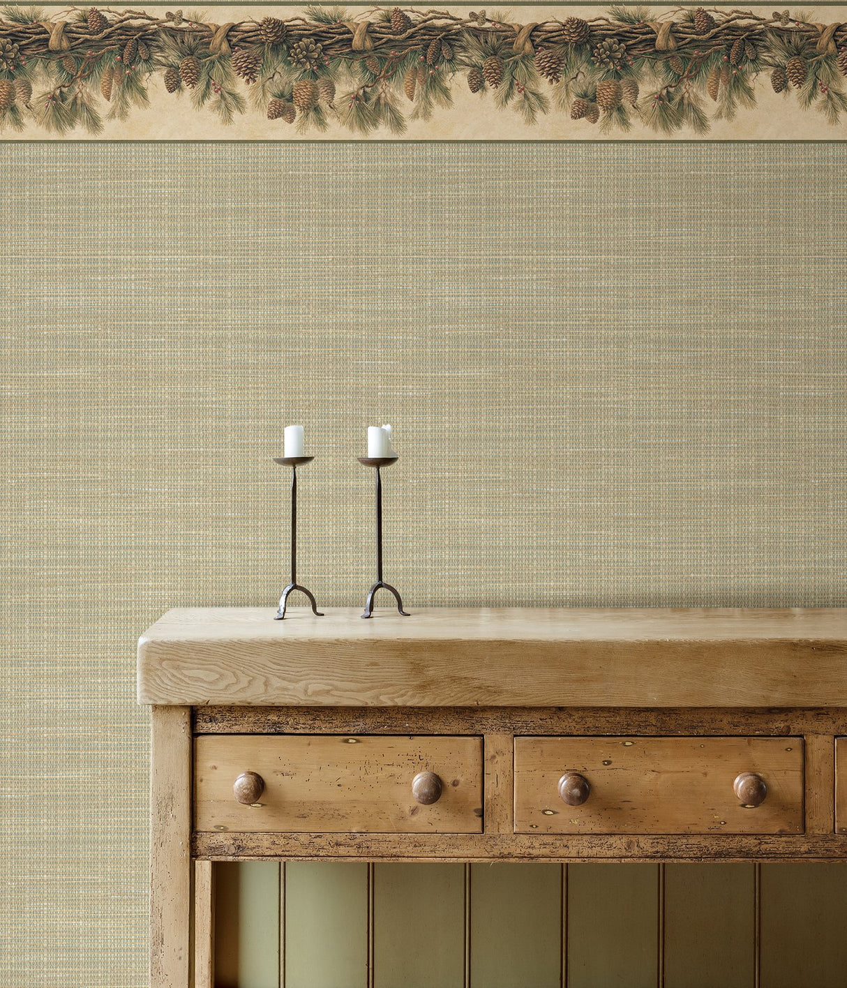 Coulter Olive Pinecone Forest Wallpaper Border with Botanical Pinecone Garland - Chesapeake 3123-01391