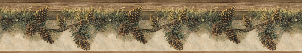Pine Hill Chestnut Branches Border Wallpaper in Chestnut with Botanical Country Pinecone Motif - Chesapeake 3123-01632