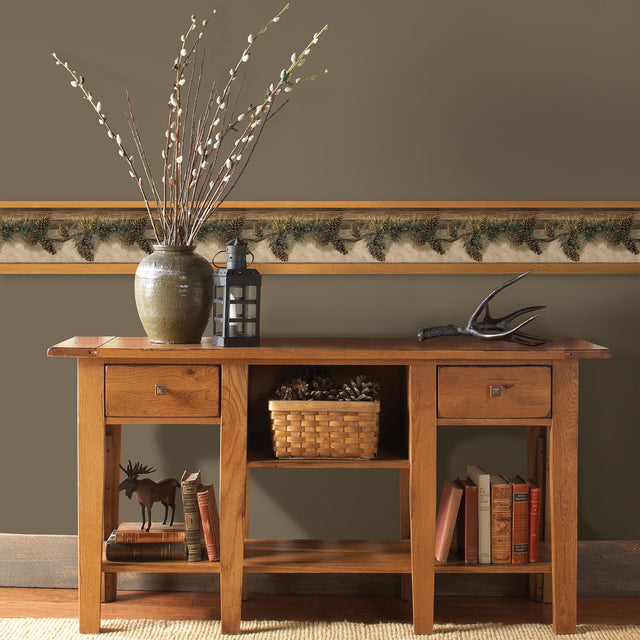 Pine Hill Chestnut Branches Border Wallpaper in Chestnut with Botanical Country Pinecone Motif - Chesapeake 3123-01632