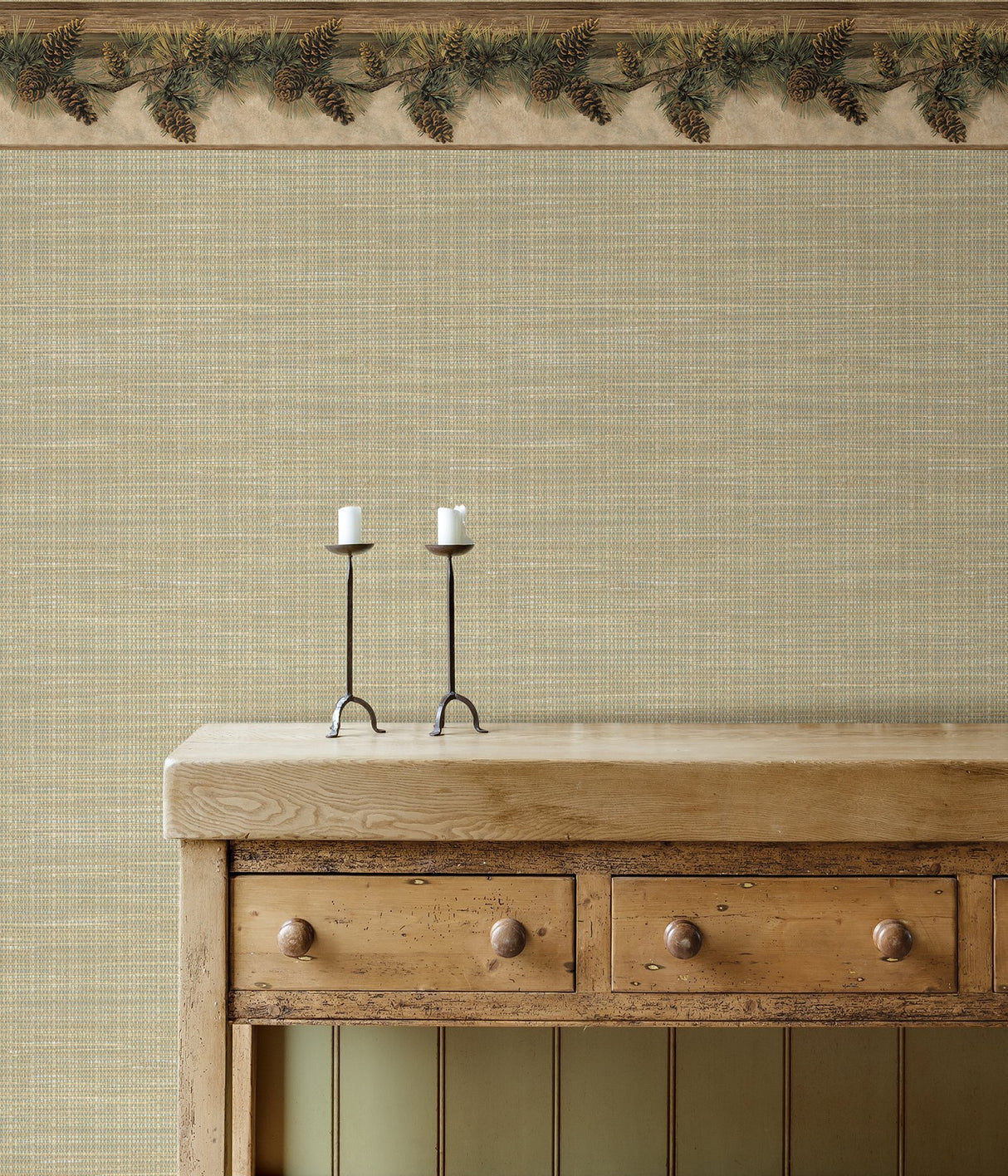 Pine Hill Chestnut Branches Border Wallpaper in Chestnut with Botanical Country Pinecone Motif - Chesapeake 3123-01632