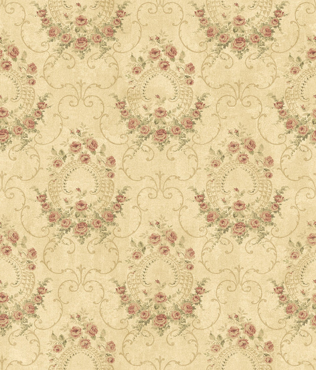 Georgiana Red Tearose Wallpaper with Botanical Damask Motif - Chesapeake 3123-02124