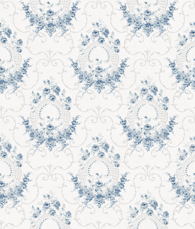 Georgiana Navy Tearose Wallpaper with Botanical Damask Motif - Chesapeake 3123-02125