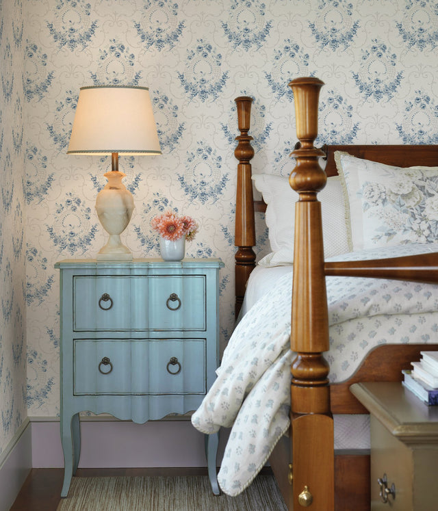 Georgiana Navy Tearose Wallpaper with Botanical Damask Motif - Chesapeake 3123-02125