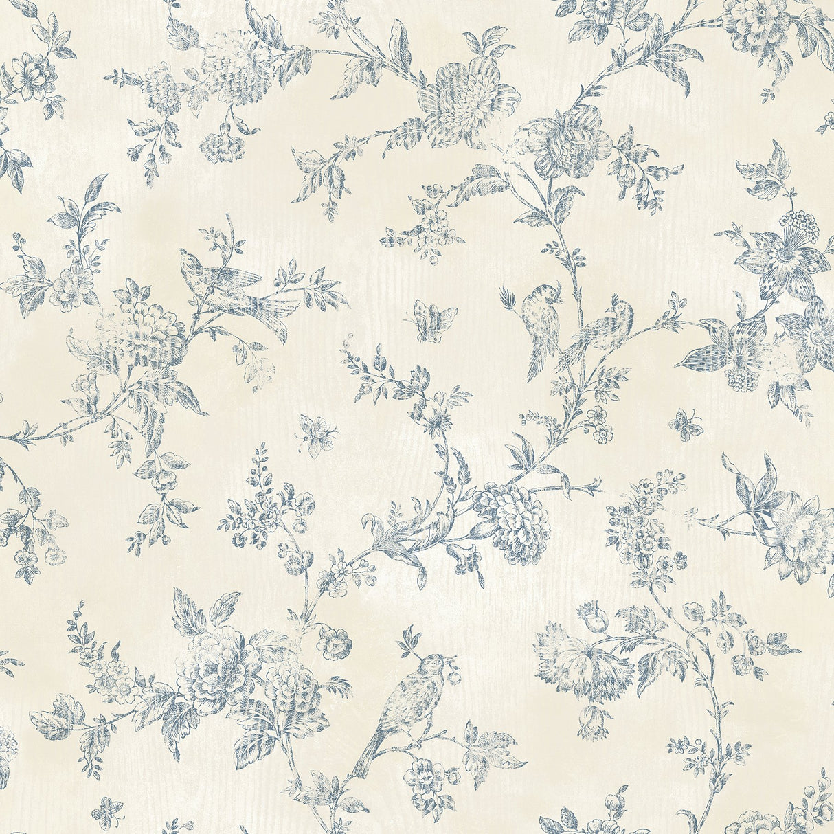 French Nightingale Blue Trail Wallpaper with Botanical Bird Toile - Chesapeake 3123-02192