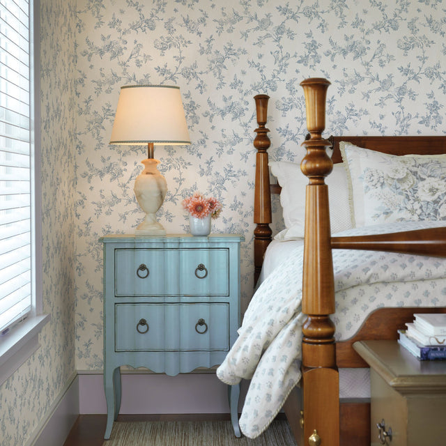 French Nightingale Blue Trail Wallpaper with Botanical Bird Toile - Chesapeake 3123-02192