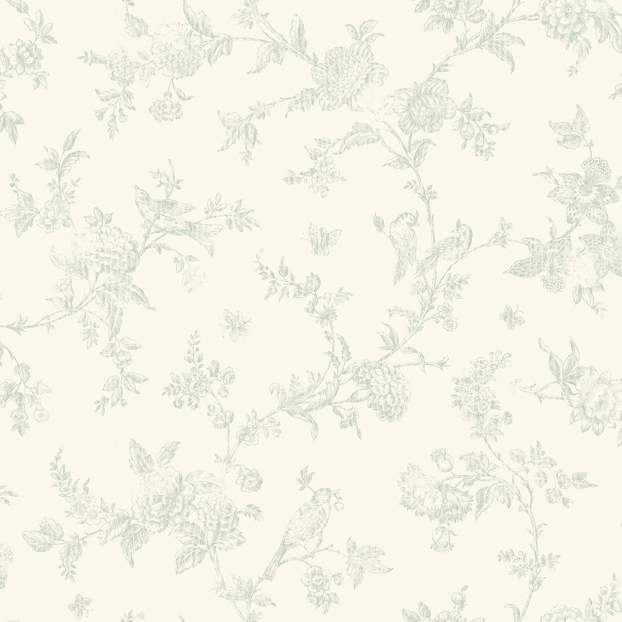 French Nightingale Seafoam Trail Wallpaper with Botanical Bird Toile - Chesapeake 3123-02194