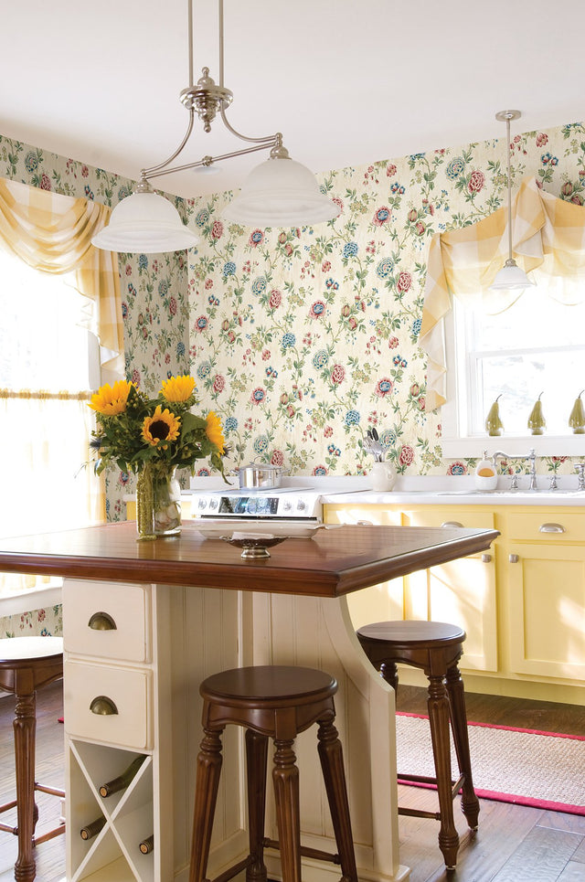 Chrysanthemum Multicolor Jacobean Wallpaper with Country Floral Pattern - Chesapeake 3123-02211