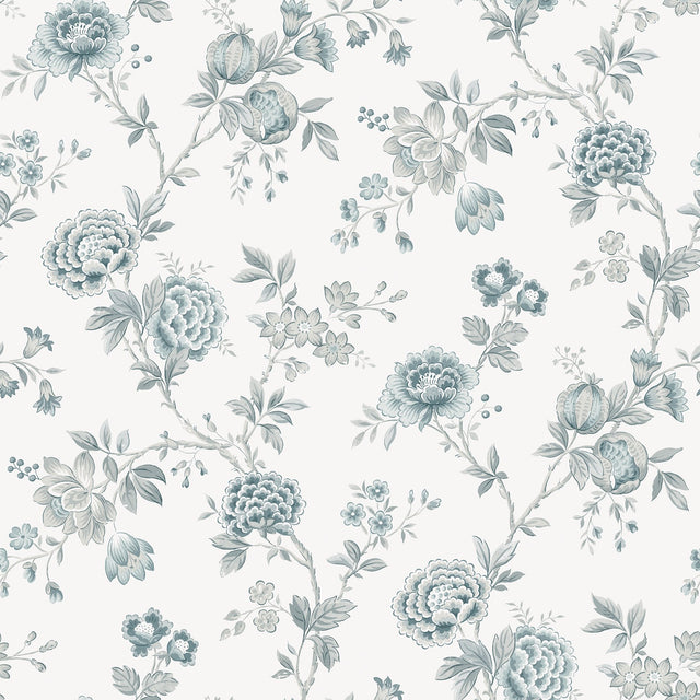 Chrysanthemum Teal Jacobean Wallpaper with Botanical Floral Pattern, Country Style - Chesapeake 3123-02215