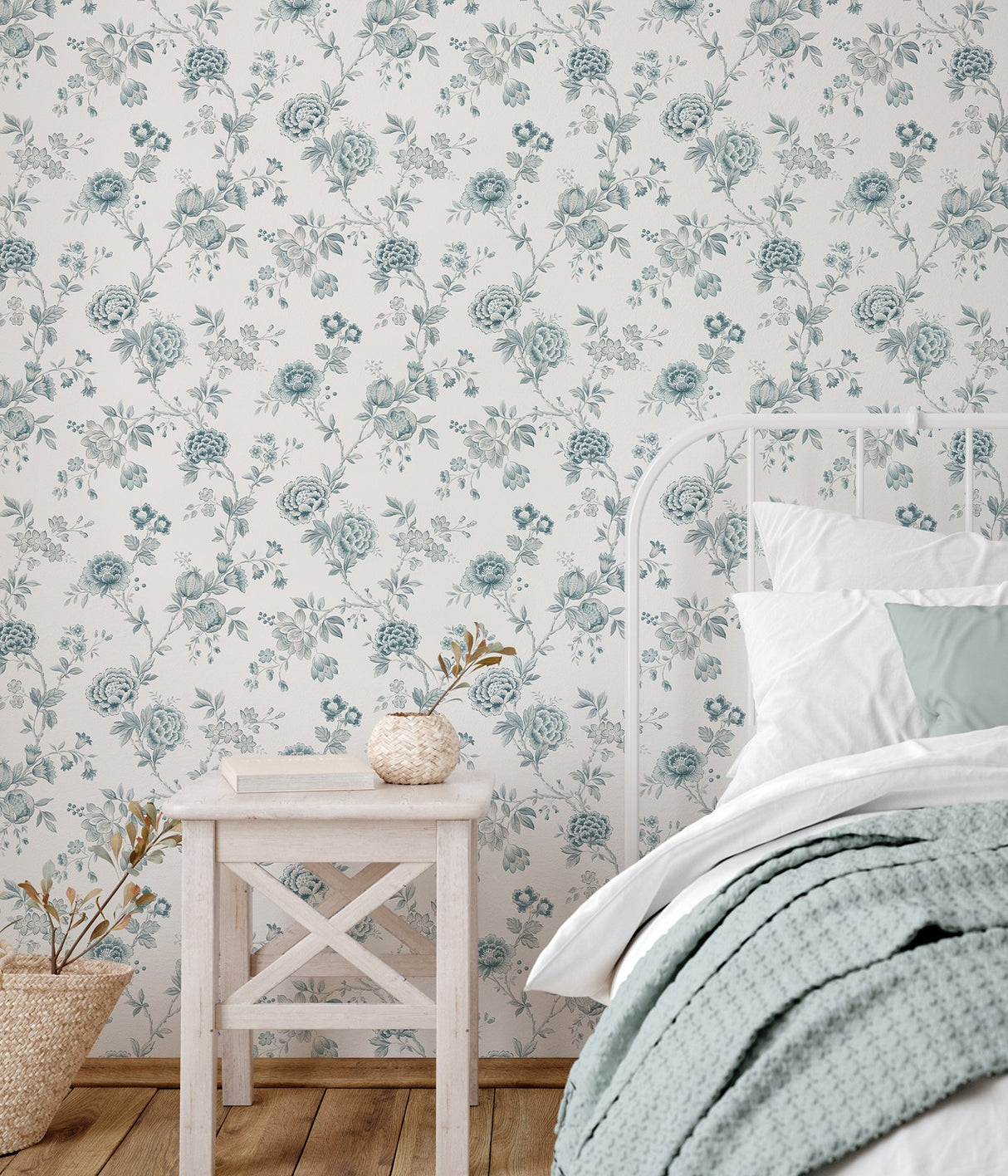 Chrysanthemum Teal Jacobean Wallpaper with Botanical Floral Pattern, Country Style - Chesapeake 3123-02215