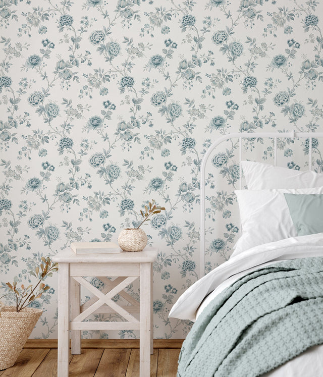 Chrysanthemum Teal Jacobean Wallpaper with Botanical Floral Pattern, Country Style - Chesapeake 3123-02215