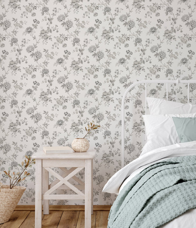 Chrysanthemum Grey Jacobean Wallpaper with Country Botanical Floral Pattern - Chesapeake 3123-02216