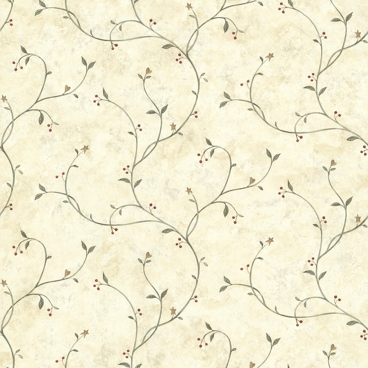 Kurt Beige Tin Star Trail Wallpaper with Country Botanical Star Vine Pattern - Chesapeake 3123-09154