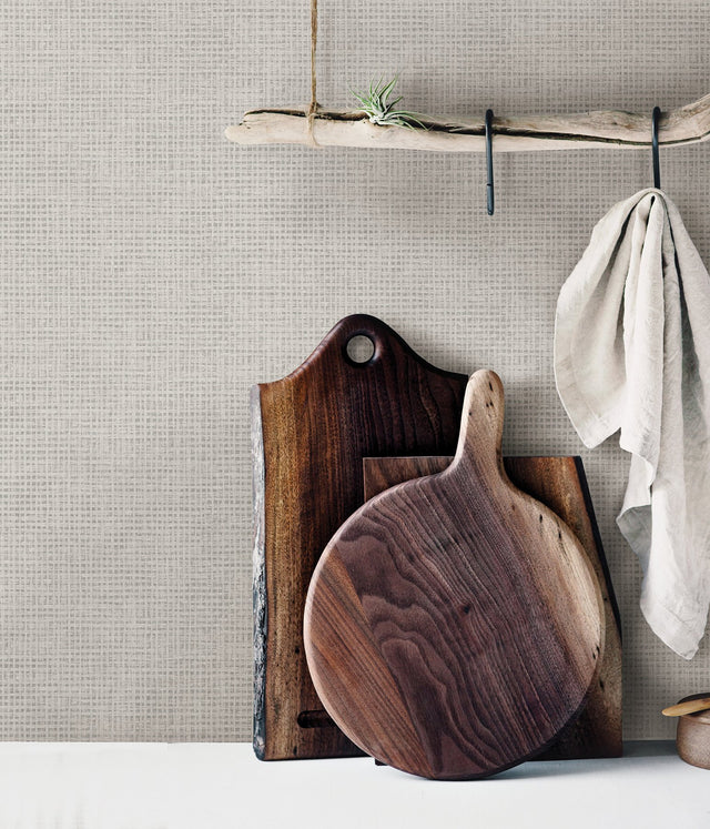 Nimmie Light Grey Basketweave Wallpaper with Texture Pattern, Prepasted Acrylic Coated Paper - Chesapeake 3123-10010