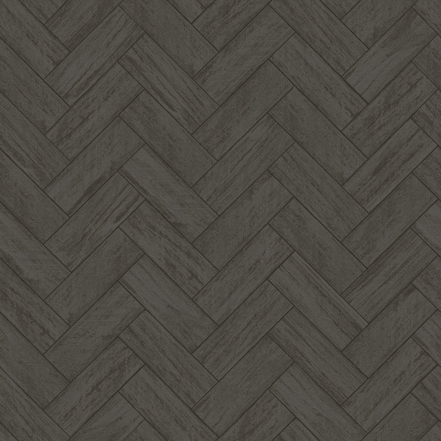 Kaliko Dark Grey Wood Herringbone Wallpaper with Farmhouse Tile Graphic Pattern - Chesapeake 3123-10110