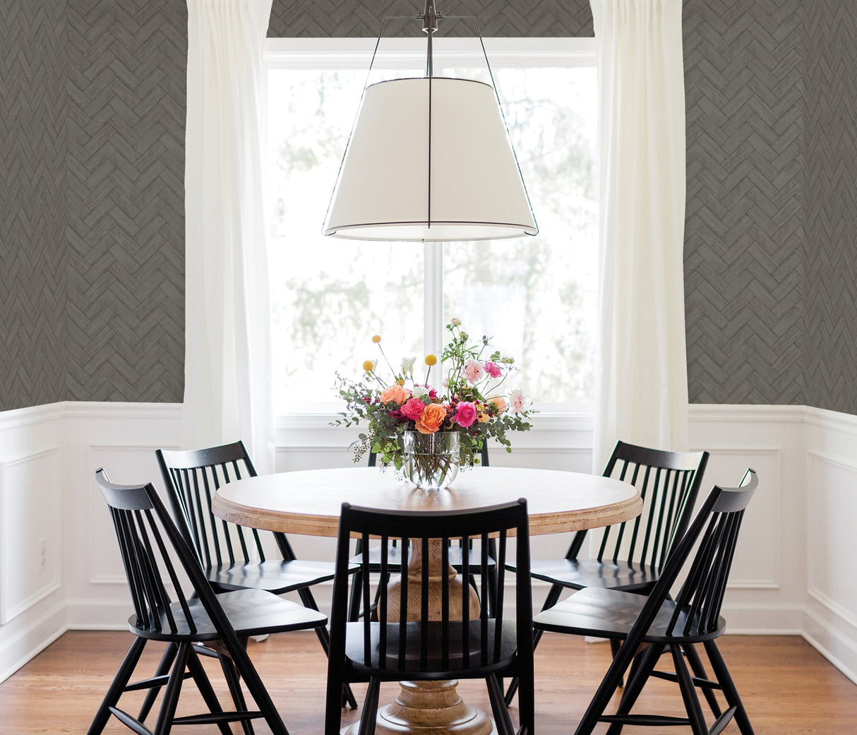 Kaliko Dark Grey Wood Herringbone Wallpaper with Farmhouse Tile Graphic Pattern - Chesapeake 3123-10110
