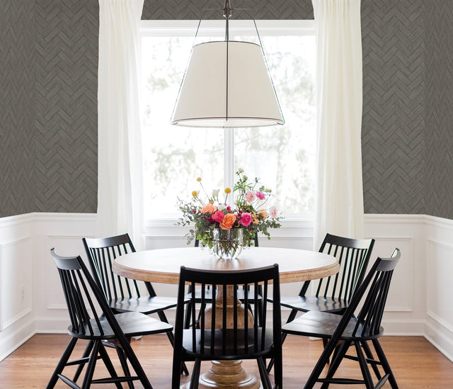 Kaliko Dark Grey Wood Herringbone Wallpaper with Farmhouse Tile Graphic Pattern - Chesapeake 3123-10110