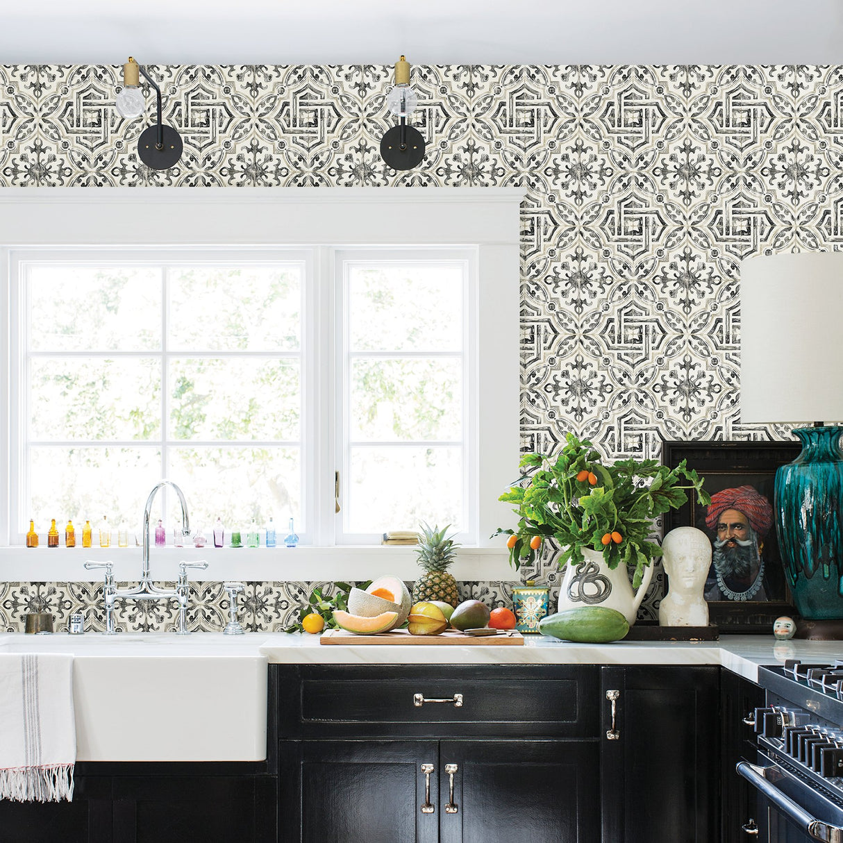 Sonoma Black Spanish Tile Wallpaper with Bohemian Graphic Tile Pattern - Chesapeake 3123-12331