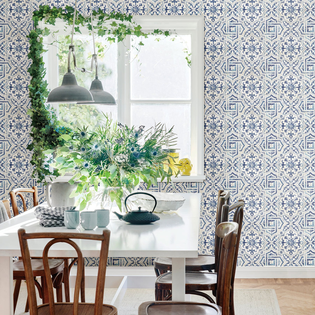 Sonoma Blue Spanish Tile Wallpaper with Bohemian Graphic Tile Motif - Chesapeake 3123-12332