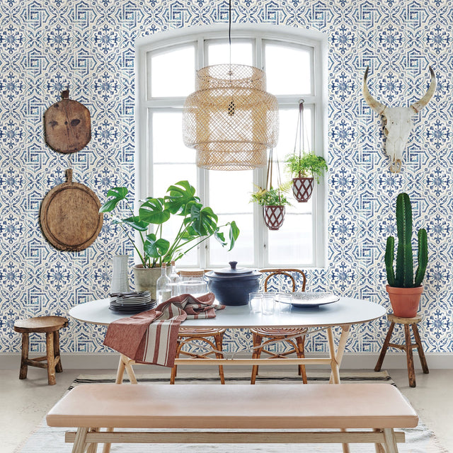 Sonoma Blue Spanish Tile Wallpaper with Bohemian Graphic Tile Motif - Chesapeake 3123-12332
